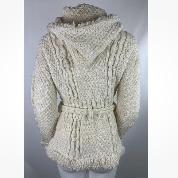 Sisandina Womens One Size 100% Wool Full Zip Fringe Hem Cardigan Cream Belted - Picture 4 of 5